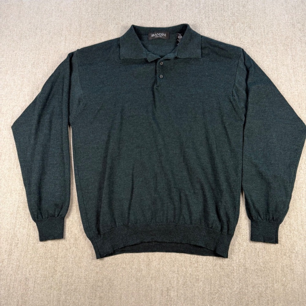 Brandini Polo Sweater Mens Medium Green Pure New Wool Made in Italy Long Sleeve